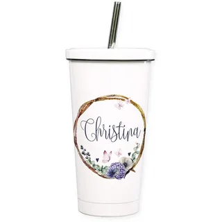 GRAZDesign Cocktailbecher mehrweg mit Deckel, personalisiert mit Namen, Blumenkranz, Trinkbecher mit Trinkhalm aus Edelstahl, ideal als Geschenk