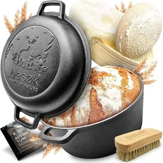 Famanu Gusseisen-Bratpfanne 26 cm mit Deckel - Brotbackform inkl. Gärkorb