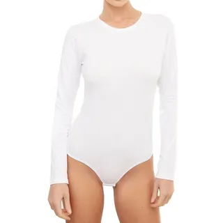 Avely Damen Body langarm l Basic Body aus Baumwolle mit Rundhals l Bodysuit für Frauen l Jupsuit l Overall l Blusenbody weiß XS - XS