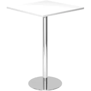 bümö Stehtisch Büro, Bistrotisch eckig 80 x 80 cm in weiss, Gestell: Verchromt - Bartisch, Stehtisch Holz-Platte, Säule aus Metall, Buffettisch,