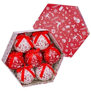 Dekorierte Box mit 7 Weihnachtskugeln, Rot und Weiß, 70 mm