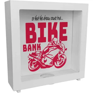 Bike Bank Rahmen Spardose aus Holz in rot zum Thema Motorradkauf und Motorrad Fahren schöne Sparbüchse Geschenk für Sparfüchse die Träume eines Bikers mögen oder Sich ihren