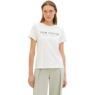 TOM TAILOR Damen Basic T-Shirt mit Logo-Print, 10315 - Whisper White, XXL