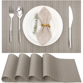 Myir JUN Tischsets Abwaschbar 4er Set, Gewebte Platzdeckchen rutschfest Abgrifffeste Hitzebeständig, Vinyl Platzsets Abwaschbar für küche Speisetisch Hotel, Platz-Matten30x43.5cm (Silber Gold)