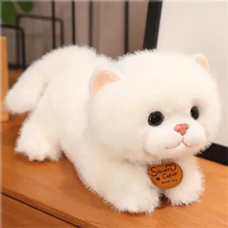 AQCQDQ Kuscheltier Katze Lebensecht, Lebensechte Katze Plüschtier, Stofftier Kopfkissen Plüsch Katzenform Kissen, Niedliche Kätzchenpuppe, Kuscheltier Spielzeug für Kinder Geschenk (35 cm,Weiße-A)