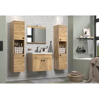 trendteam smart living Haven Badmöbel-Set Eiche (BxHxT) 142 x 133 x 40 cm Waschbeckenschrank Hängend Inklusive Keramik-Einsatzwaschbecken 2 Hochschränke 1 Spiegel