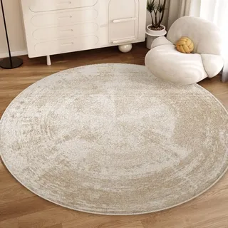 Teppich Rund 140 cm Durchmesser Beige Grau Moderner Kuscheliger Teppiche,Kurzflor Teppich Waschbar, weich & rutschfest balkonteppich,für Wohnzimmer, Schlafzimmer, Arbeitszimmer, Büro