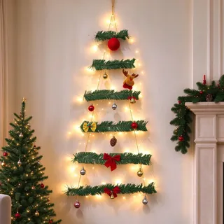 Weihnachtsbaum Leiter Lichterkette mit Lametta Girlande Wanddeko (A) | LED Weihnachtsbeleuchtung Lametta Girlande Weihnachten mit LED Lichterkette Weihnachtsdeko Lichterkette für Innen Außen