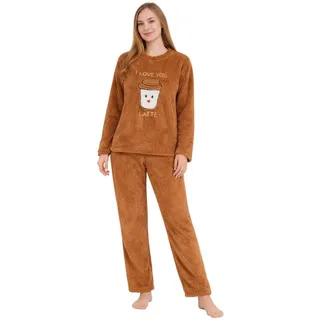 fashionshowcase Hausanzug Damen Winter Pyjama Set Schlafanzug Plüsch Zweiteiler weich (Zweiteiliges Set (Langarmshirt und Hose) Kuscheliger Plüschstoff, modernes Design mit Schriftzug braun L (38)