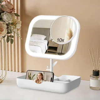 OSDUE Schminkspiegel mit Beleuchtung, 1X/10X Vergrößerungsspiegel Abnehmbar Kosmetikspiegel mit 3 LED Lichtfarben Touch Makeup Standspiegel 360° Drehbar Tischspiegel Unterstützung USB für Reisen