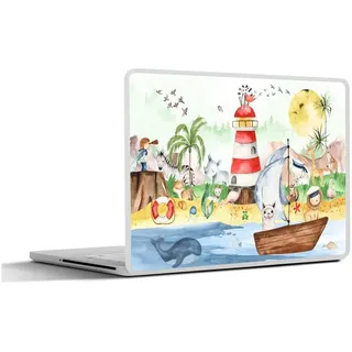 MuchoWow Laptop-Aufkleber Strand - Tiere - Kinder - Leuchtturm - Jungen, (1tlg), Selbstklebendes Laptop Folien Cover, Sticker, Kratzschutz, 36x27 cm bunt Ø 45.65 cm x 36.5 cm x 27.5 cm