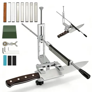 Messerschleifer Profi, Festwinkel Messerschärfsystem mit Diamant- & Ölschleifsteinen (240–8000 Körnung), Leder-Abziehriemen & Polierwachs, 15–27° Winkeleinstellung für Küchen-, Jagd- & Outdoor-Messer