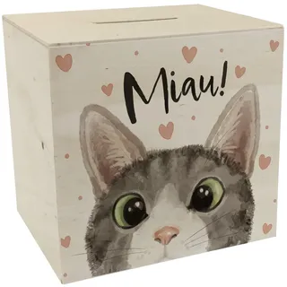 MIAU Katze Spardose aus Holz Geburtstag Spardose aus Holz Zeichnung Sparschwein Illustration Sparbüchse Kulleraugen sparen Katzenmensch Wohnung