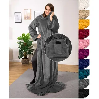 heimtexland ® Ärmeldecke TV Kuscheldecke mit Ärmeln Taschen Fußsack Super Soft Flanell tragbare Decke Ganzkörperdecke Typ870 Anthrazit Grau 180x150 cm