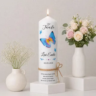 Taufkerze Mädchen oder Jungen mit Taufspruch, Motiv mit Schmetterlingen, 25cm x 8 cm, personalisierte Kerze, bedruckte Kerze zur Taufe, Stumpenkerze, individuelles Taufgeschenk