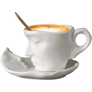Fukamou Gesicht Kaffeetassen Set Mit Untertasse, Keramik Küssendes Paar Kaffeetasse Set Mit Löffel, Einzigartige Teetasse Und Untertasse, 250 L