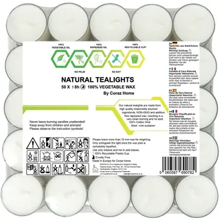 Coraz Home - Hochwertige Rapswachs-Teelichter in transparentem klarem Becher mit 4 Stunden oder 8 Stunden Brenndauer Reinweißes Wachs, parfümfreie veganes Wachs ungiftig