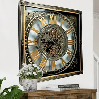 The Gears Clock Wanduhr Mit Echten Beweglichen Zahnraedern - Luxembourg Collection - 32" Quadratisch - Silver - Antique