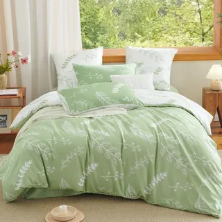 Lanqinglv Bettwäsche 200x220 Grün Weiß Blumen Blätter Wende Bettwäsche Set Pflanzen Bettbezug mit Reißverschluss und 2 Kissenbezug 80x80,ÖkoTex Bettwäsche für Allergiker Geeignet