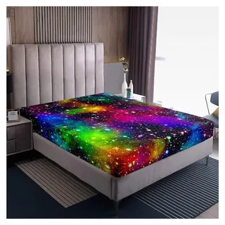 Buntes Galaxis Spannbettlaken, Space Thema Bettwäsche-Set mit Sternenhimmel Tagesdecke für modernes Traumschlafzimmer, ohne Kissenbezug, Aquarell...