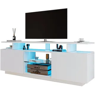 Merax Lowboard, mit LED-Beleuchtung und Glasablage,TV-Schrank Hochglanz,Fernsehtisch weiß