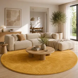 Pergamon Luxus Super Soft Hochflor Teppich Melia Rund Curry 200x200cm