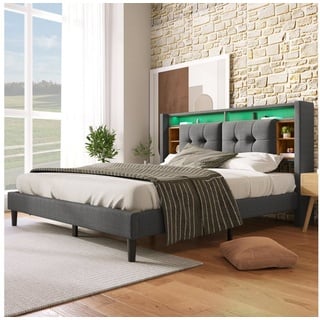 OKWISH Polsterbett Doppelbett Stauraum-Kopfteil Bett (1-tlg., 140*200CM Grau(Ohne Matratze), Bett mit aufladen USB und LED-Beleuchtung Bettgestell grau