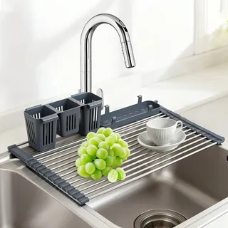 Edelstahl Aufrollbares Abtropfgitter über Spülbecken, Abtropfgitter Spüle mit Abnehmbarem Besteckhalter, 63.5x33cm Abtropfgestell Geschirr Abtropfmatte für Gemüse Obst, Platzsparender Organizer Küche
