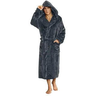 U2SKIIN Herren Kapuze Bademantel Plüsch Bademäntel lange Fleece flauschig | mit Kapuze, Taschen und Bindegürtel, weich und warm, flauschig, Flanell‐Fleece‐Bademantel, plüsch‐Bademantel lang, Zuhause - S-M