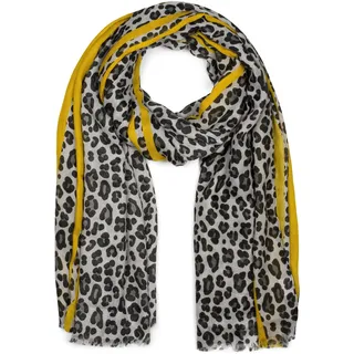 styleBREAKER Damen Schal mit Leo Muster und farbigem Streifen | Weiches Material mit Fransen | Animal Print Tuch in One Size, Farbe:Grau-Gelb - Einheitsgröße