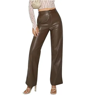 XUEBIN Hose Damen, Lederhose Damen Locker High Waist Kunstlederhose Elegant Lange Hose Split Weites Bein Freizeithose Winddicht Wasserdicht Kunstleder Leggings Lederhose(Brown,M)