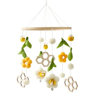 Mobile Baby Windspiele mit Filzbällen - Frische Blumen und Bienen, Kinderzimmer Hängende Bettglocke, für Babybett Wickeltisch Deko (Gelbe Blumen)