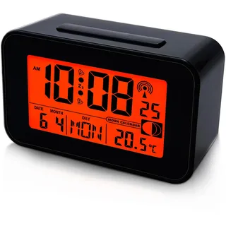 Digitalwecker, Funkwecker, Wecker Digital mit Zwei Weckzeiten, LCD-Display Wecker, Digitaler Funkwecker mit Uhrzeit/Datum/Wochentag/Temperatur/Mondbild/Schlummer Funktion, ohne Batterie (Schwarz)