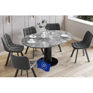 Design Esstisch rund HES-111 Marmor dunkel / Schwarz Hochglanz ausziehbar 100 cm bis 148 cm runder Esszimmertisch Küchentisch rund Funktionstisch oval kitchen table Esszimmer dining table Ausziehtisch