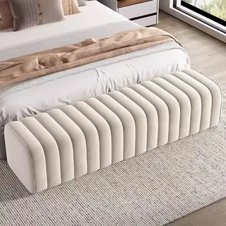 LEIYTFE Extra Lang Ottomane End of Bed Bank Für Schlafzimmer, Samt Gepolstert Moderne Fußstütze, Rechteckiger Nachttisch Ottomane Für Wohnzimmer, Büro, Garderobe (Color : Beige, Size : 150cm)