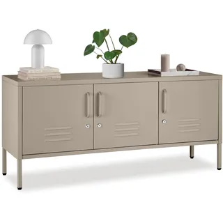 tectake® Sideboard mit 3 Türen, 120 x 37,5 x 55,5 cm, Magnetverschluss | verstellbarer Zwischenboden, abschließbar, höhenverstellbare Füße, 2 Kabeldurchlässe, Lüftungsschlitze, Kippschutz, taupe