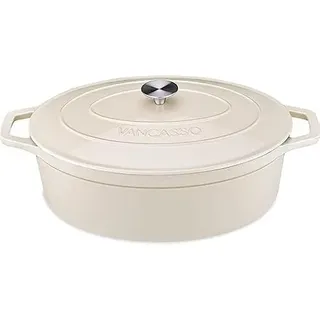 vancasso Gusseisen Topf, Gusseisen Bräter mit Deckel, Bräter Oval 8L Ø 37cm Induktion Schmortopf, Kasserolle, Gussbräter für Gasherd/Cerankochfeld/induktion/Ofen, Dutch Oven Cocotte Oval, Crème Weiß
