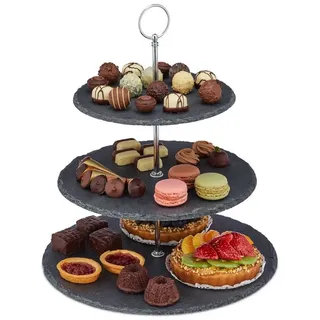 Relaxdays 2 x Etagere mit 3 Etagen, Schiefer, Kuchen, Snacks, Obst, Metallgriff, Servierständer, Hxd: 34x30 cm, anthrazit/Silber