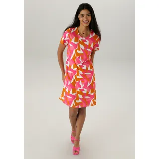 Jerseykleid ANISTON SELECTED, Damen, Gr. 48, N-Gr, pink (pink, weiß, rosa, terra), Milano Rib, Obermaterial: 89% Viskose, 9% Polyester, 2% Elasthan, bedruckt, gemustert, casual, figurumspielend kniefrei, Rundhals, Kurzarm, Kleider, mit farbenfrohen, graphischen Druck - NEUE KOLLEKTON, Topseller