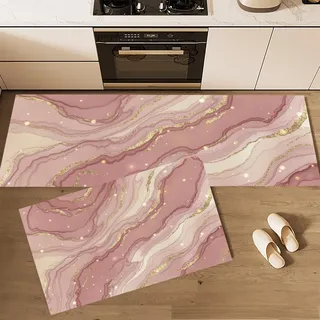 Küchenteppich Läufer 2 Stück,Luxuriöse Marmorstruktur Rutschfest Waschbar Küchenläufer, Rosa Wellenförmige Textur Anti-Müdigkeit Küchenmatte,Roségold Ölbeständig Weich Teppich,50×80Cm+50×120Cm