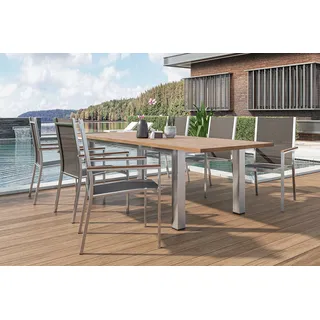 STERN Cardiff Garten-Essgruppe, silber/taupe, Edelstahl/recyceltes Teak, Tisch 200/260 x 100 cm, 6 Stapelsessel, FSC®-zertifiziertes Produkt