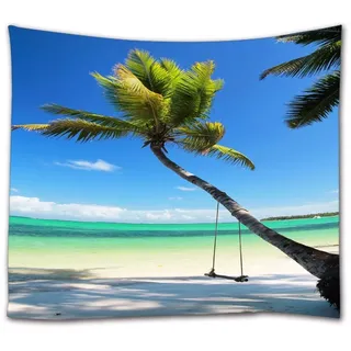 A.Monamour Wandteppich Karibik Tropischer Strand Kokospalme Mit Schaukel Ozean Natur Landschaft Tuch Mandala Boho Hippie Psychedelic Tapisserie Wandbehang Wanddekoration Modern Abstrakte Kunst