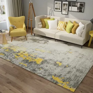 Rug-QJDDUP Kurzflor Teppich,Gelb Grau Abstrakt Modern Design, Yellow, 200 x 300 cm, Modern Designer Weich Teppiche für Wohnzimmer, Schlafzimmer, Esszimmer, Wohnzimmerteppich