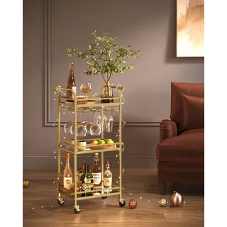 VASAGLE kleine Servierwagen, Rollwagen, verspiegelte Glasablagen, goldfarben - Gold