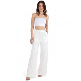 fashionshowcase Schlupfhose Damen High Waist Marlenehose weit elastisch Taschen Elastischer Bund, Alltags-Allrounder weiß 34