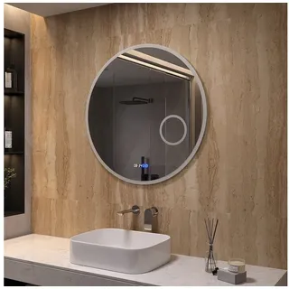 AQUABATOS Badspiegel LED Rund Badspiegel Wandspiegel mit Beleuchtung 80x80 cm (Touch-Schalter,einstellbare Helligkeit,Kaltweiß 6400K), mit 3-Fach-Vergrößerung Kosmetikspiegel und Digitaluhr Energiesparend