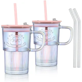 Joeyan 430ml Regenbogen Glas Trinkbecher mit Strohhalm und Deckel,2er Set | Ripple Bubble Tea Becher Trinkgläser mit Niedlicher Panda-Mustern,Saft Eiskaffee Smoothie Wasser Tee Tumbler Cup mit Henkel