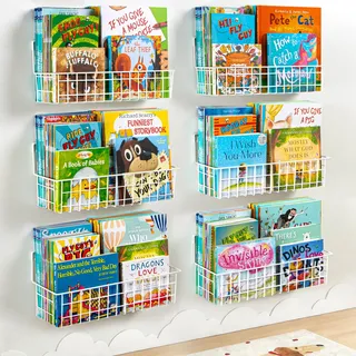PUERSI 6er-Set Bücherregal Kinder Wand, Metall Wandregal Bücher, Hängend Regal für Kinderzimmer Aufbewahrung von Bilderbüchern für Baby, Mädchen und Jungen, Weiß