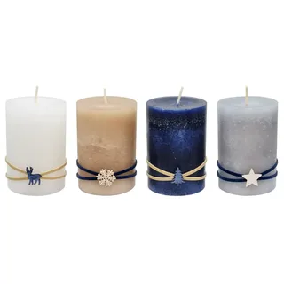 ZauberDeko Adventskerzen Stumpenkerzen Blau Grau Beige Schneeflocke Hirsch Baum Stern Adventskranz Weihnachten Deko 9x6cm 4 Stück