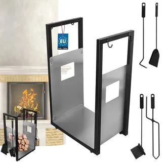 KOTARBAU® Kaminholzregal Innen Modern Ofenbesteck Kaminbesteck Schaufel Besen Kaminzange Schürhakenfür Brennholzregal Holzständer für Kaminhol... - Schwarz/Silber